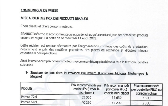 COMMUNIQUE DE PRESSE : MISE A JOUR DES PRIX DES PRODUITS BRARUDI